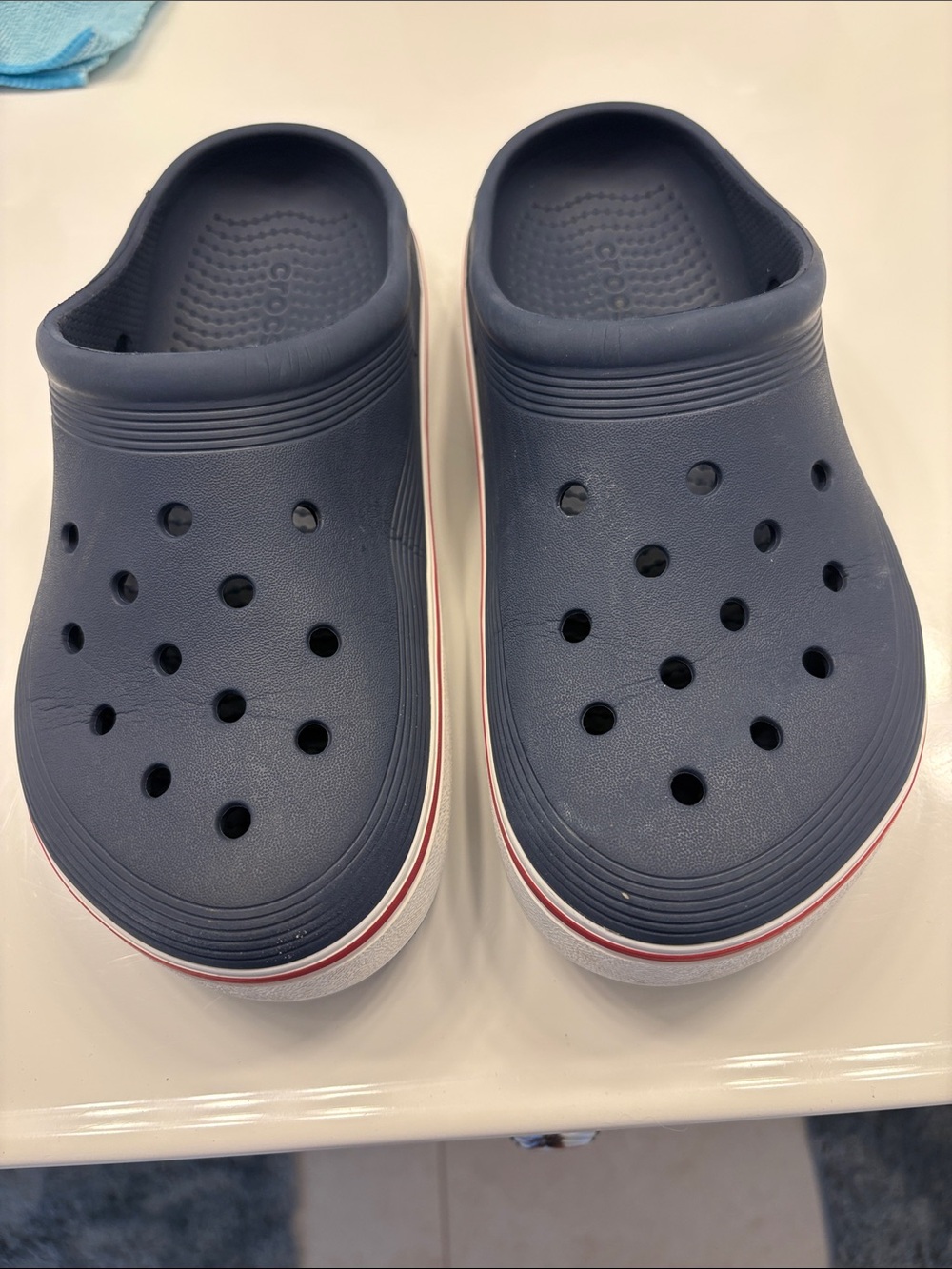 CROCS Kids Navy Clogs with Red and White Stripe